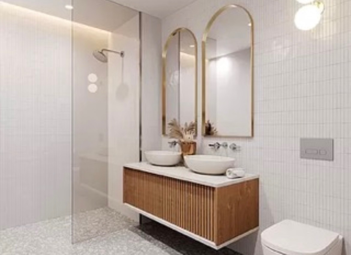 Residential bathroom tile shower vanity and floor installation