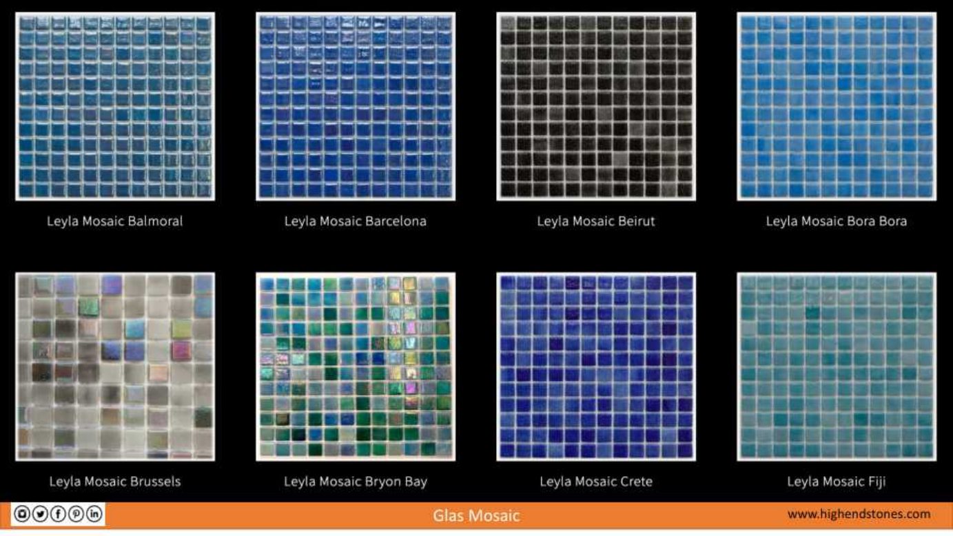 Leyla Mosaic glass mosaic colors Balmoral, Barcelona, Beirut, Bora Bora