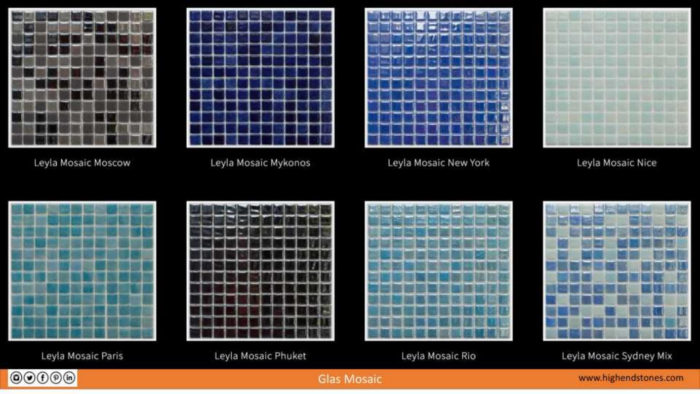 Leyla Mosaic blue, green, gray, and pearl glass mosaic colors