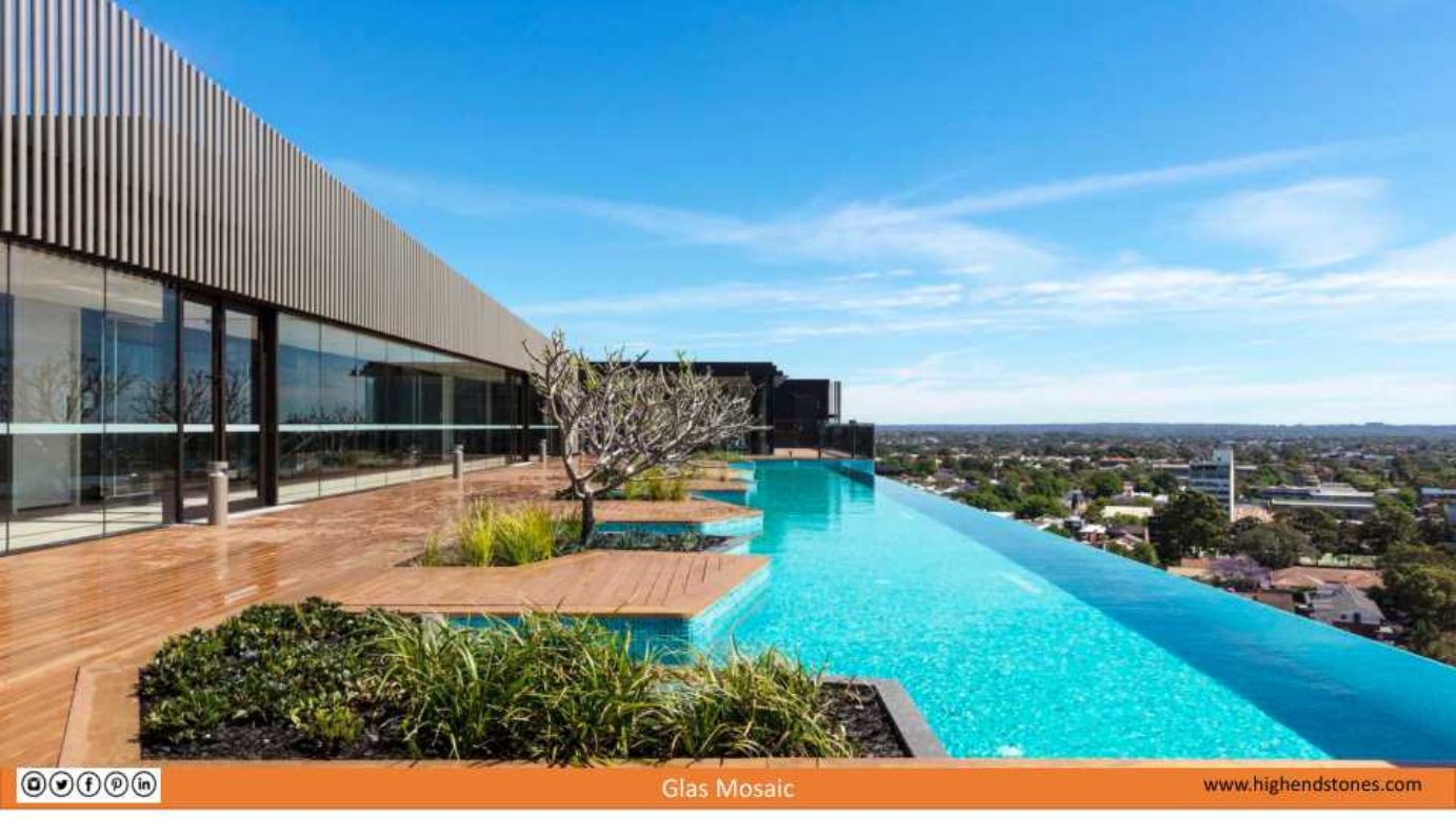 Modern pool with glass mosaic waterline tile