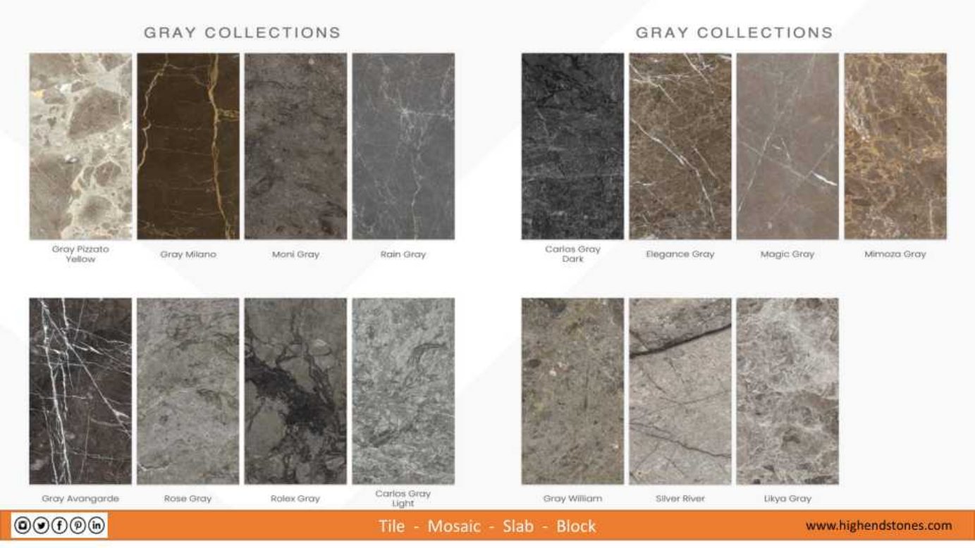 Grey and marble-look porcelain slab selections