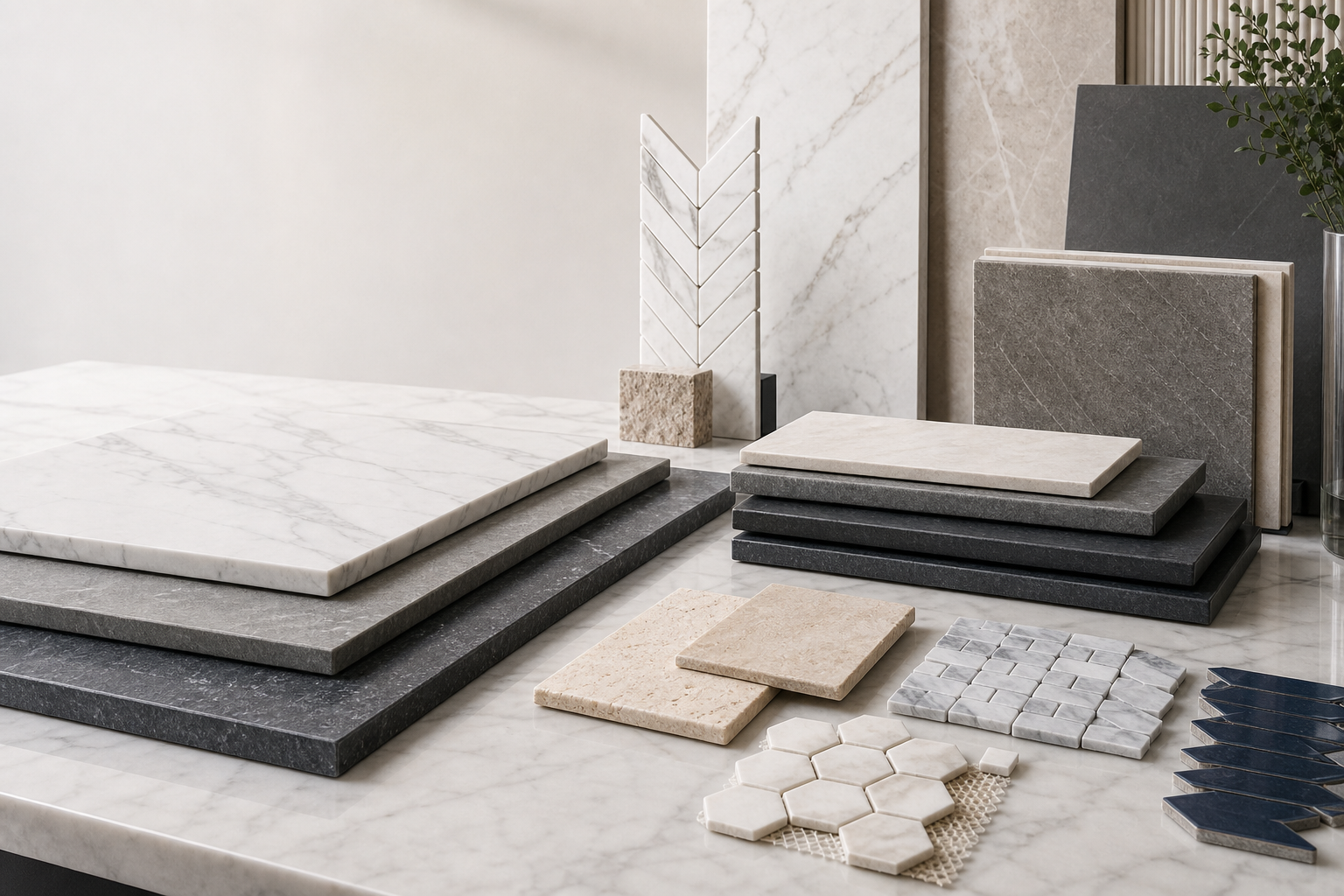 Porcelain, marble, mosaic, travertine, and ceramic tile material samples for supply and installation